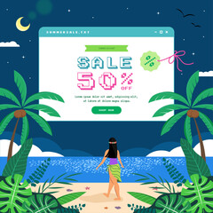 Summer sale promotion design with night beach scene illustration