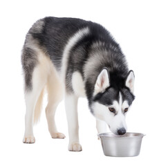 A Siberian husky dog drinking water from a silver bowl, showcasing its striking black and white fur, with a focus on its features in a white isolated background.