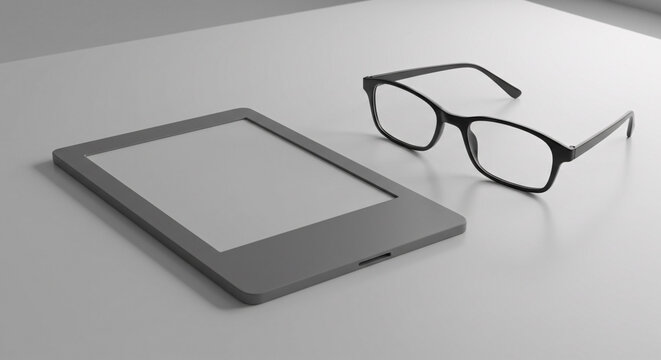 An ebook reader and black framed glasses are on a white surface in a studio setting indoors
