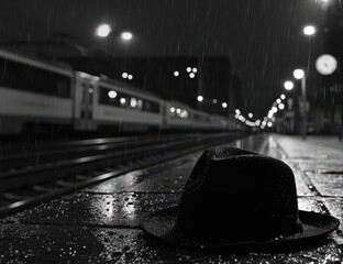 A dark fedora rests on a wet train platform under a rainy night sky, with a train in the background