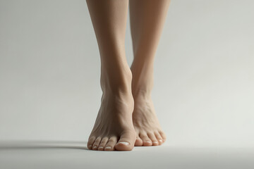 Woman foot standing on tiptoe in empty room. Female bare feet related to medical procedure. Wellness, pedicure or massage medical procedures. Women's health legs