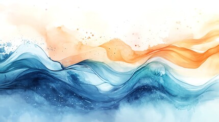 Abstract watercolor painting with flowing blue and orange waves, blending seamlessly for a tranquil, artistic effect.