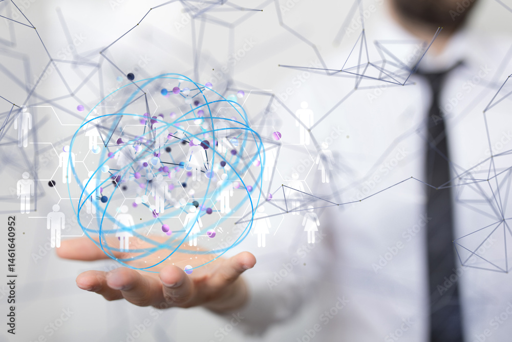 Poster Global network. Blockchain. 3D illustration. Neural networks and artificial intelligence. Abstract  - neural network exposure digital