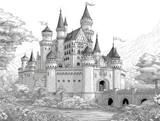 Black and white vector illustration of a fairytale castle with towers and nature, designed as a coloring page