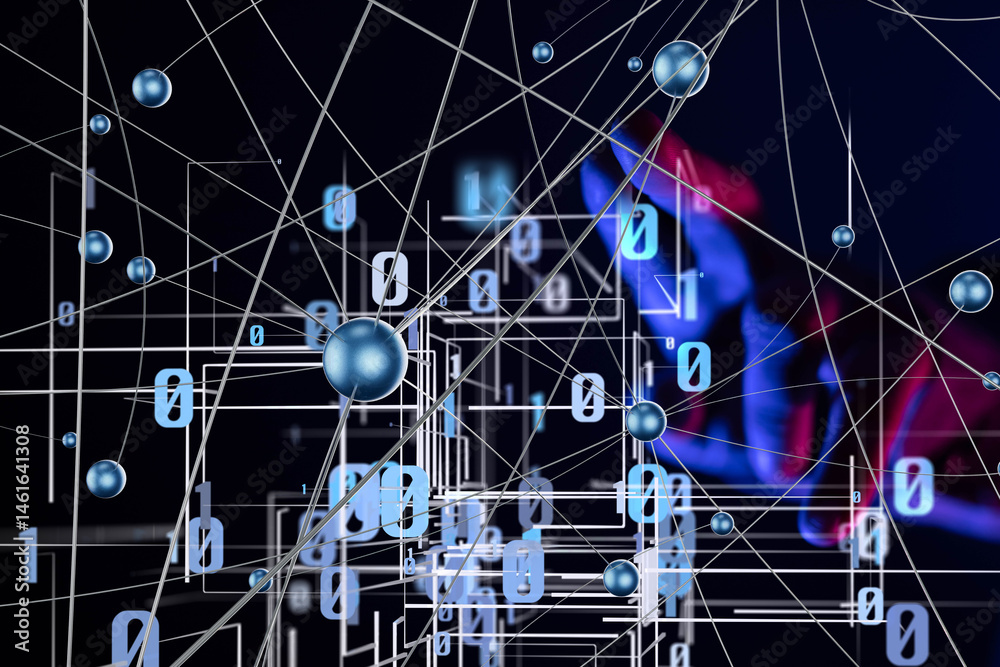 Poster Global network. Blockchain. 3D illustration. Neural networks and artificial intelligence. Abstract