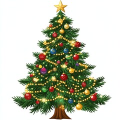 A decorated Christmas tree with ornaments, lights, and a star topper on a white background.