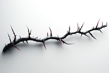 A long, dark, thorny branch stretches across a plain white background.  Intricate, sharp thorns are highlighted with crimson accents
