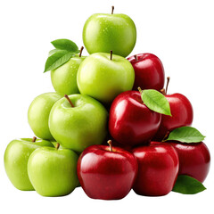 A vibrant arrangement of green and red apples stacked artistically, showcasing their fresh textures and colors against a white isolated background.