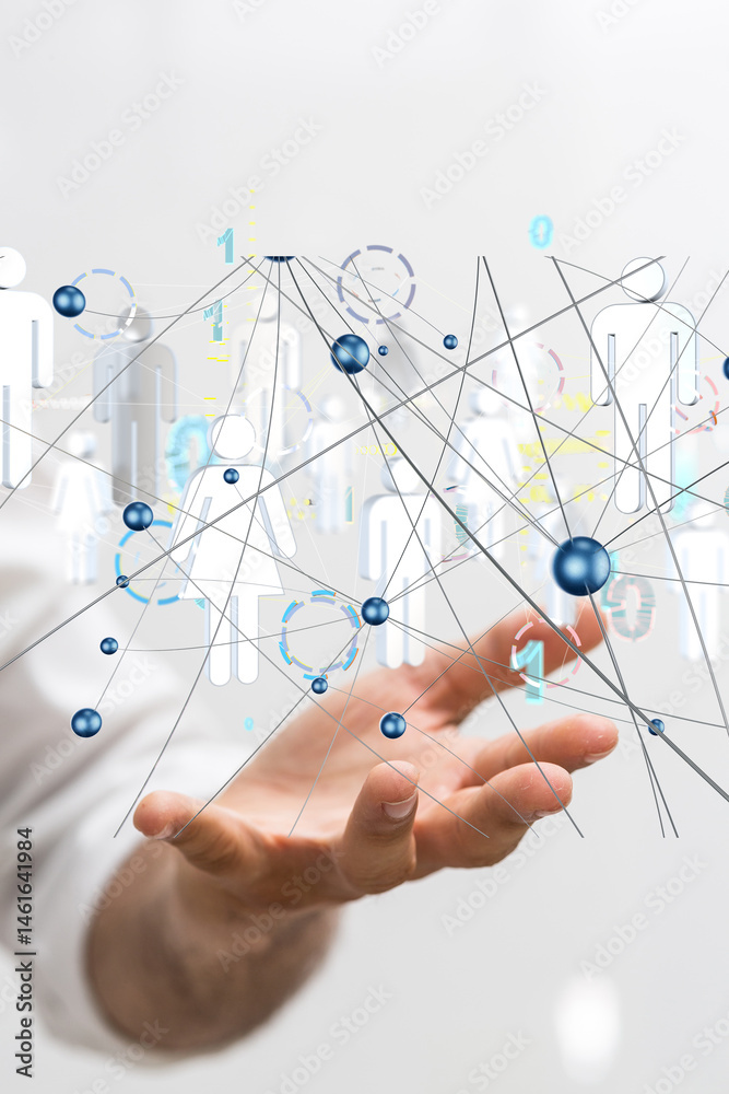 Poster Global network. Blockchain. 3D illustration. Neural networks and artificial intelligence. Abstract