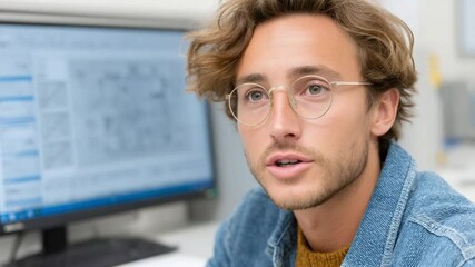 Focused Insights: A young professional, captured in a moment of intense concentration, wears eyeglasses. A backdrop of computer screens hints at the world of tech innovation and dedicated focus.