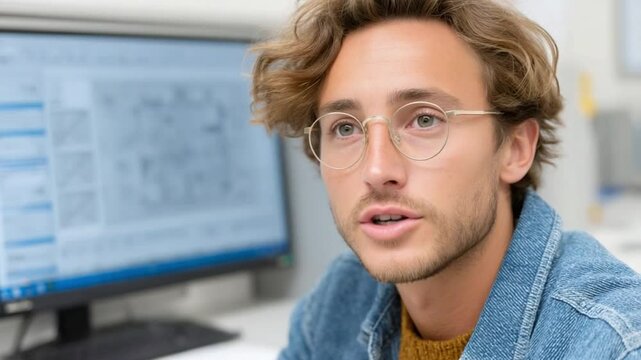 Focused Insights: A young professional, captured in a moment of intense concentration, wears eyeglasses. A backdrop of computer screens hints at the world of tech innovation and dedicated focus.