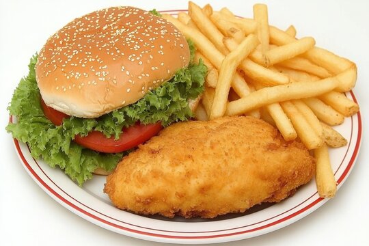 Delicious meal of burger with lettuce and tomato, crispy fried chicken, and golden french fries on a plate