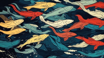 Obraz premium Colorful fish swimming together in a stylized, artistic underwater scene with bold lines and vibrant hues.