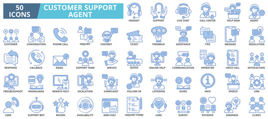 Customer support agent icon collection set. Containing support,live chat,call center,help desk,agent,customer,conversation,phone call icon. Simple blue vector