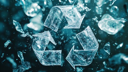 A transparent recycling symbol surrounded by shards of broken glass, emphasizing glass recycling and environmental sustainability.