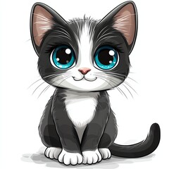 Cute cartoon black and white kitten with big blue eyes sitting and smiling on a white background.