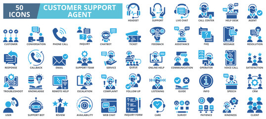 Customer support agent icon collection set. Containing support,live chat,call center,help desk,agent,customer,conversation,phone call icon. Simple flat vector