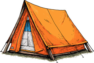 Vintage hand-drawn vector illustration of an orange camping tent with open entrance and visible interior