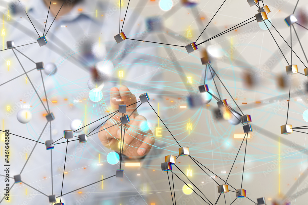 Poster Global network. Blockchain. 3D illustration. Neural networks and artificial intelligence. Abstract