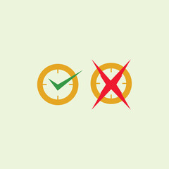 Approved check mark and void mark icon. Accept or reject symbol. The agree or reject button has a gold circle and the agree sign is green and the disagree sign is red.