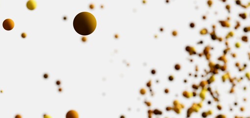 Golden spheres floating on white. Abstract background.