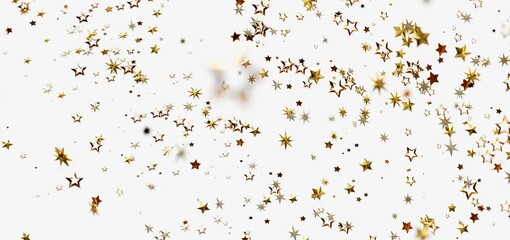 Falling gold stars on white background. Festive, celebratory, magical.