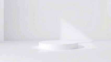 Clean Display Podium for Product Showcase: A minimalist, pristine white display podium, bathed in natural light and strategically positioned to showcase products, ideas.