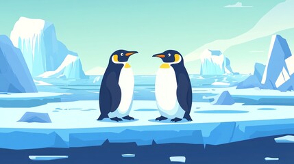 Obraz premium Two penguins stand on icy terrain surrounded by glaciers and floating ice in a polar landscape.
