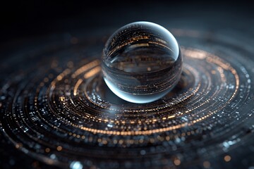 Crystal ball reflecting city lights over an abstract digital background
