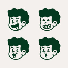 Set of 4 vintage cartoon boy face expressions in dark green. Angry, sad, and emotional retro character icons. Perfect for comics, stickers, or expressive branding elements.