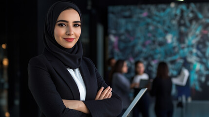 Joyous young Arabic businesswoman in hijab and office suit stands with arms crossed confidently while holding a tablet, with her team collaborating in the background