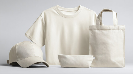 A set of blank apparel items: t-shirt, cap, tote bag, and pouch, arranged on a neutral background.