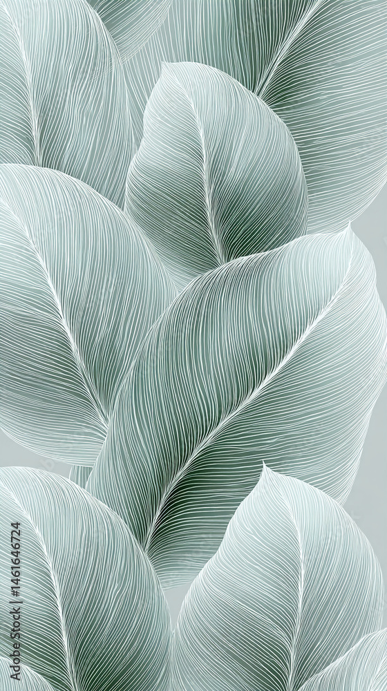 Poster abstract image of layered, teal leaves with delicate white lines, creating a calming and organic tex