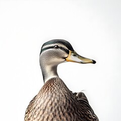 Obraz premium A female mallard duck portrait against a clean white background showcasing its detailed plumage and bright eyes.
