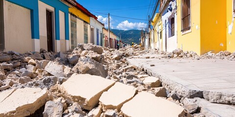 Nondescript city impacted by an earthquake and aftershocks with destruction in an urban environment and rubble