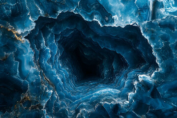 Intricate ice cave tunnel's deep, dark opening.
