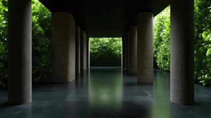 Modern colonnade with lush greenery