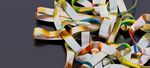 Close-up of shimmering, colorful ribbons. Abstract background with metallic texture.