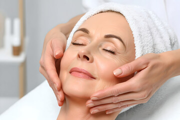 Woman getting facial massage procedure in beauty salon. Senior woman relaxing during skincare therapy. Anti-aging massage for face rejuvenation and for beauty concept