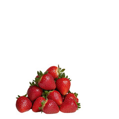 Fresh, ripe strawberries arranged in a neat pile, showcasing their vibrant red color and green leaves against a white isolated background.