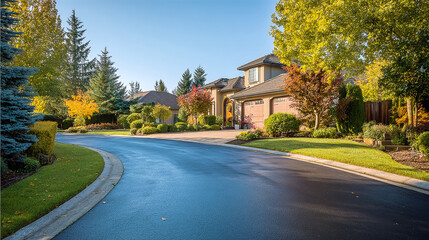 Fresh blacktop asphalt road surface at driveway entrance to house. Repair work. Private drive way, slurry seal projec