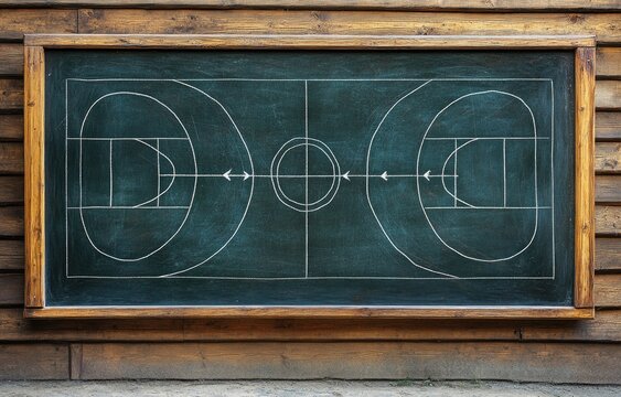 Basketball court drawn on a chalkboard, mounted on a wooden wall.  Court lines, hoops, free throw lines, center circle, and key are clearly depicted