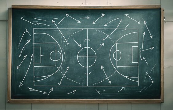 Basketball game strategy drawn on a chalkboard with many arrows indicating player movement