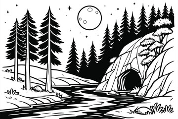 35 Black and white illustration, enchanted forest, moonlit night, river scene, whimsical creatures, Moomin-inspired characters, detailed ink drawing, tall pine trees, birch trees, rocky cliffs, magica