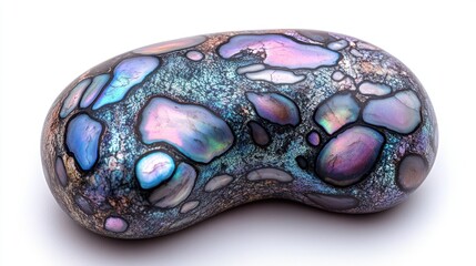 Irregular, polished, iridescent stone.  Intricate, colorful patterns, blend of shades