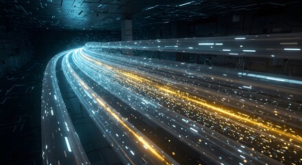 AI image. Blue and gold light streams representing data flow through a futuristic tunnel, symbolizing technology and network speed.