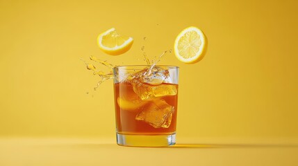 Refreshing Lemon Drink with Splash and Ice Cubes on Bright Yellow Background