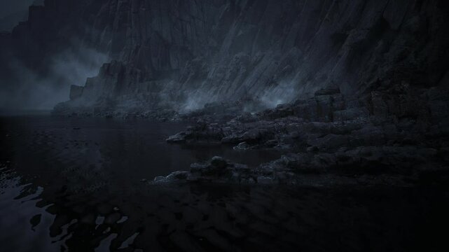 The shoreline features rocky cliffs shrouded in fog at dusk, creating an eerie atmosphere with reflections on the still water, emphasizing the beauty and mystery of nature.