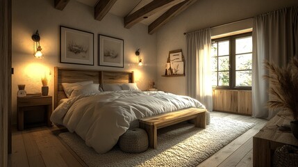 Fototapeta premium 3d rendering of a taupe Scandinavian bedroom with wooden bench, wall lamps and a big cosy fluffy bed. 
