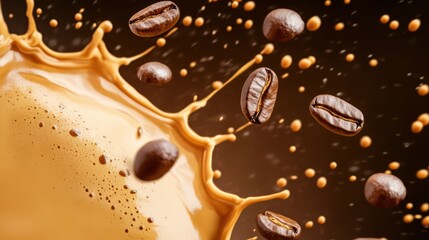 Fototapeta premium Dynamic Splash of Coffee with Floating Beans in Dark background Capturing Rich Aroma and Flavor